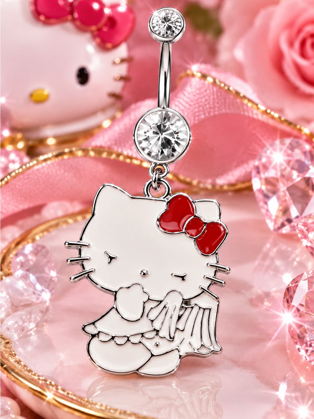Hello Kitty Angel Belly Button Ring Surgical Steel Crystal Dangle NWT